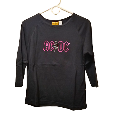 #ad Vintage AC DC Rockware Women’s Black Pink Studded ¾ Sleeve T Shirt Size XL $16.99