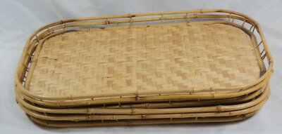 #ad Vintage Wicker Rattan Bamboo 4 Serving Trays Tiki Lap Stacking Mid Century $46.83