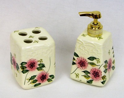 #ad Royal Norfolk Bath Set Lotion Soap Dispenser Toothbrush Holder Ivory Pink Gold $14.99
