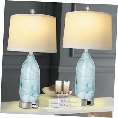 #ad Modern Table Lamp Set of 2 Blue Glass Bedside Lamps with Blue Green Art Glass $125.85