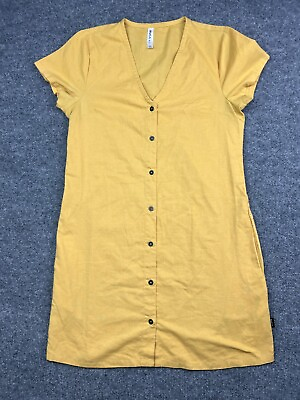 #ad RVCA Dress Women#x27;s Small Yellow Button Front Short Sleeve Pockets Cotton $14.40