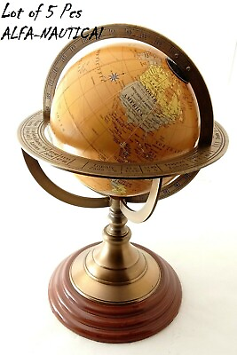 #ad Antique Brass World Map Desk Globe With Wooden Base Desk Decor Lot of 5 unit $299.00