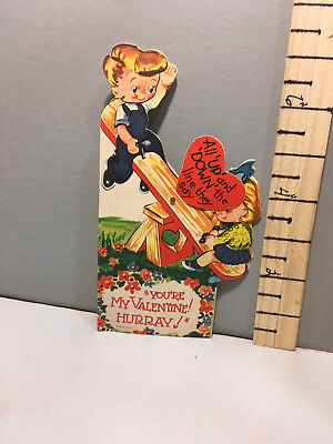 #ad Vtg Valentine Card 40#x27;s Boy amp; Girl On See Saw Mechanical quot;Up amp; Downquot; s4 $6.99