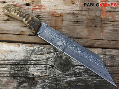 #ad 18quot; Hand Forged Damascus Steel Huntsman Viking Medieval Sax Sheep Horn Handle $104.50