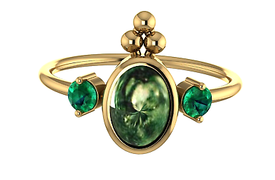 #ad Moss Agate Cab Oval 18K Yellow Gold Emerald Round Ring Wedding Jewelry $279.20