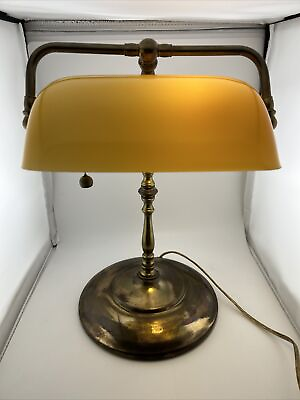 #ad Vintage Brass Bankers Desk Lamp with Amber Yellow Orange Glass Shade $114.99