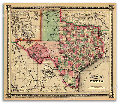 #ad 1866 Schönberg#x27;s Early Map of Texas Historic Map 24x28 $23.95