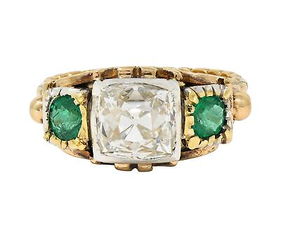 #ad Early Victorian 3.92 CTW Peruzzi Cut Diamond Emerald 18 Karat Gold Antique Ring $37000.00
