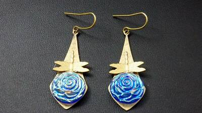 #ad Vintage Carved Blue AB Glass Rose Dragonfly Brass Dangle Earrings $20.00