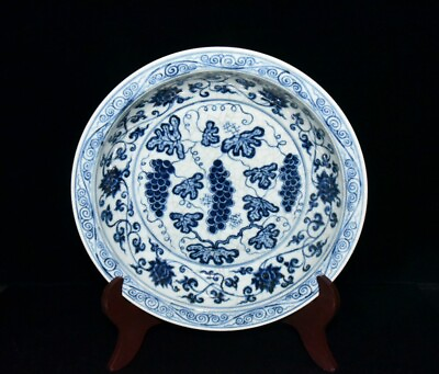 #ad 11.4quot; china old antique yuan dynasty blue white porcelain open slice grape plate $248.99