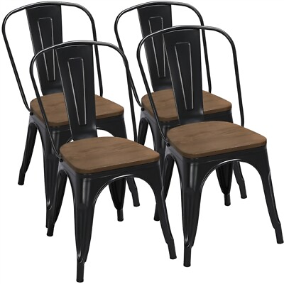 #ad Metal Dining Chairs w Wood Seat Stackable Side Chairs Kitchen Bistro Chair Black $179.99