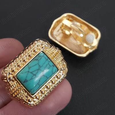 #ad CLIP ON ornate RETRO EARRINGS rectangle TURQUOISE GEMSTONE square GOLD FASHION GBP 5.99