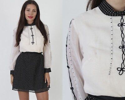 #ad Vtg Black amp; White Embroidered Sheer Sleeve Cocktail Party Mini Swiss Dot Dress $53.20