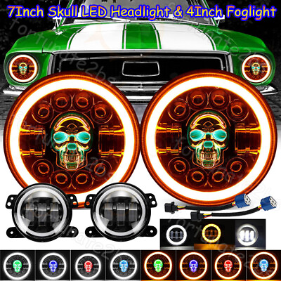 #ad RGB 7quot; inch Skull LED Headlights 4quot; Fog Light Combo Kit For Jeep Wrangler JK JKU $75.60