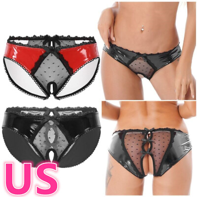 #ad US Women Patent Leather Panties Crotchless Briefs Low Waist Lingerie Underwear $6.58