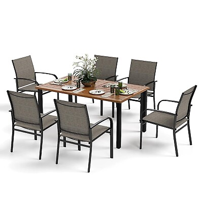 #ad 7 PCS Outdoor Patio Dining Set Wood like Table with Umbrella Hole 6 Chairs Brown $339.99