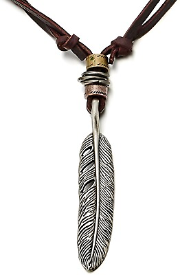 #ad Retro Feather Pendant Necklace Unisex Adjustable Leather Cord Vintage Style $17.09