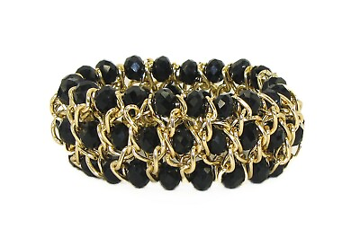 #ad Black Glass Bead amp; Gold Link Stretch Bracelet Wide bracelet New $14.99
