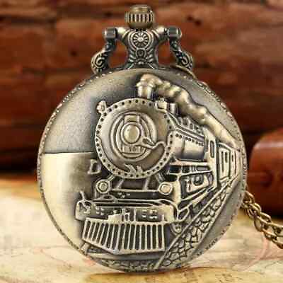 #ad Antique Bronze Train Locomotive Engine Carved Steampunk Gears Quartz Pocket Gift $23.98