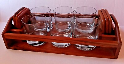 #ad Vtg Teak Wood Drink Tray With Coasters glasses Party Server Set beverage $60.00