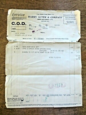 #ad 1926 Harry Alters Co. Electrical Supplies Radio Invoice Receipt Chicago IL $3.49