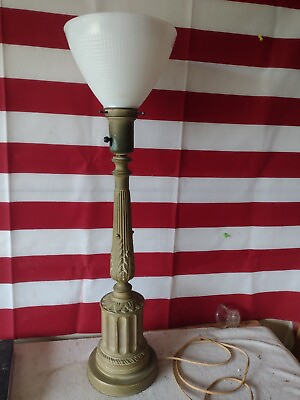 #ad #ad Large Mid Century Table Lamp Mid Gold Leafs Wreaths Milk Shade Lamp $62.50
