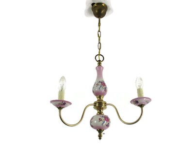 #ad Romantic Chandelier 3 arm Brass Pink Porcelain Flowers Mid Century Modern Italy $275.00