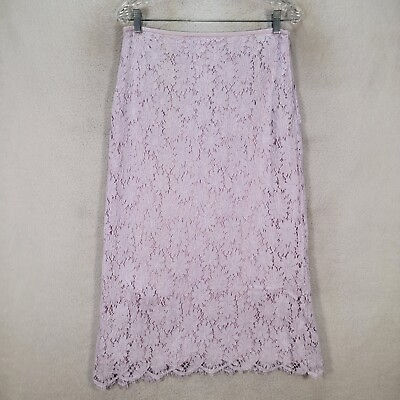 #ad Escada Women Skirt Size L Lilac Floral Rayon Crochet Lace Silk Lined Midi Pencil $48.97