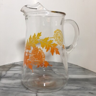 #ad Vintage Libbey Fall Leaves Dandelion Clear Glass Ice Lip Pitcher 64 oz. $20.99