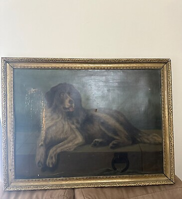 #ad antique dog portrait oil painting framed original On Recliner $742.41