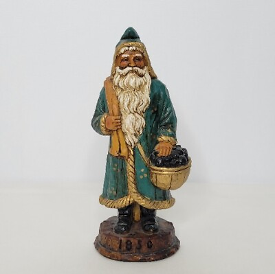 #ad Vintage 1897 Wooden Resin Green Santa with Coal Basket Figurine 8.5quot; Christmas $20.01