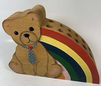 #ad Vintage Hand Painted Wood Desk Pencil Holder Teddy Bear With Tie Rainbow Crayon $12.99