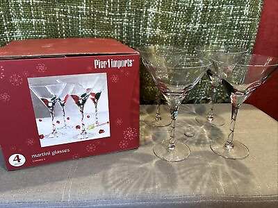#ad Pier 1 Optic Red Green Drip Drop Martini Swirl Glasses Set Of 4 w Box Holiday $34.95