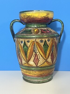 #ad Vintage Hand Thrown Early Century Italian Sgraffito RUSTIC Clay Pottery Vase 9” $149.95
