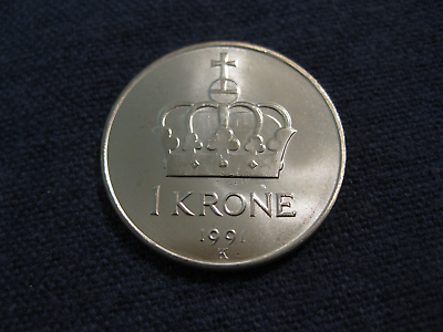 #ad 1991 Norway Coin 1 Krone Royal Crown uncirculated beauty a great coin $1.50