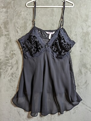 #ad Romantic Sexy Velvet Black Baby Doll Nightgown Belle Nuit Intimates Sz L $13.00