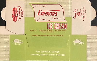 #ad 1950s Emmons Dairy Ice Cream Box 3 Digit Phone Number Ashland Ohio quot;NOSquot; $7.00