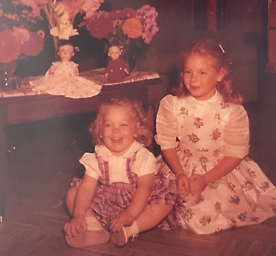 #ad 1950s Two Happy Sisters on Floor Glass Plate Photo Slide Magic Lantern $14.99