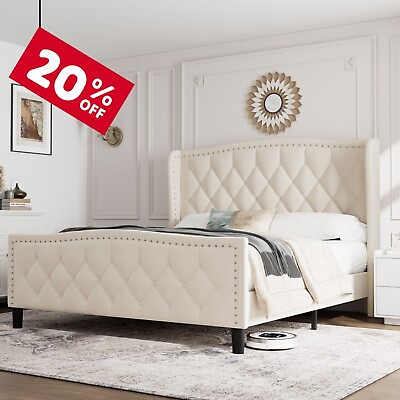 #ad Queen Bed Frame Modern Upholstered Platform Bed with Wingback HeadboardVelvet $279.98