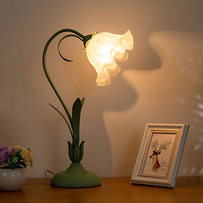 #ad Table Lamp Flower Lily Shaped Glass Green Desk Light Home Decor Atmosphere Light $64.99