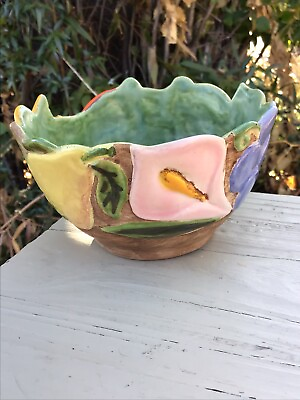 #ad Ceramic Bowl Handmade Studio Art Pottery Altered Edge Signed Fruit Florals $12.99