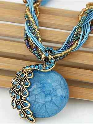 #ad Bohemian Ethnic Style Retro Blue Peacock Gemstone Pendant Necklace For Women New $15.98