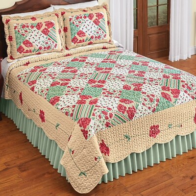 #ad Scalloped Romantic Vine Border Floral Patchwork Reversible Full Queen Size Quilt $29.99