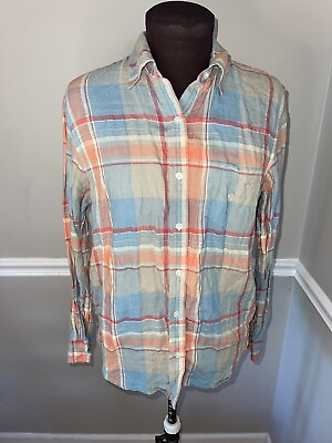 #ad Lauren Ralph Lauren Women’s Plaid Linen Button Up Shirt Sz M $27.99