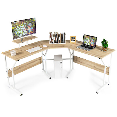 #ad 88.5quot; L Shaped Reversible Computer Desk 2 Person Long Table Monitor Stand Oak $99.98