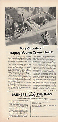 #ad 1953 Bankers Life Insurance Vintage Print Ad 1950s Convertible Car Young Couple $11.24