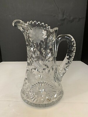 #ad Vintage Heavy Cut Glass Water Pitcher Flower Pattern 10 Inches Tall $87.50