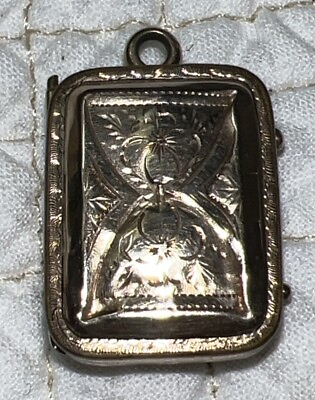 #ad Antique Of Victorian Age Gold Filled Etched Square Locket Pendant Glass Panel $60.00