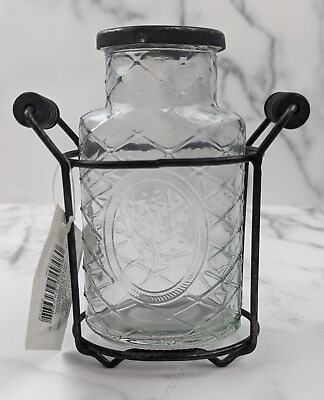 #ad Glass Bottle Flower Frog Top Planter Vase 5quot; Metal Holder Unsigned $17.95