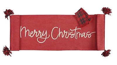#ad Mud Pie Red Tartan Large Tassel Merry Christmas Appliqué Table Runner Napkin Set $48.00